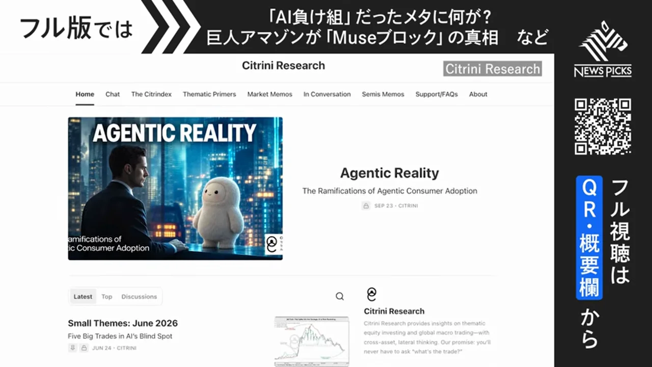 動画キャプチャ: 「Agentic Reality」を掲げるCitrini Researchの記事ページ（14:47頃）