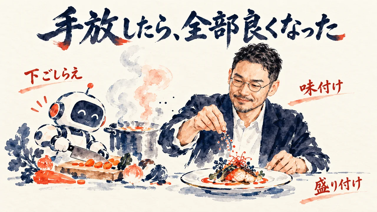 手放したら、全部良くなった：ひろくんが下ごしらえをAIスタッフに任せ、味付けと盛り付けに集中する料理の例えのコラム図解