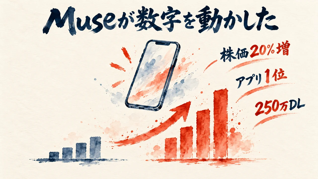 Museが数字を動かした：公開前後の棒グラフと、株価20%増・アプリ1位・250万ダウンロードの図解