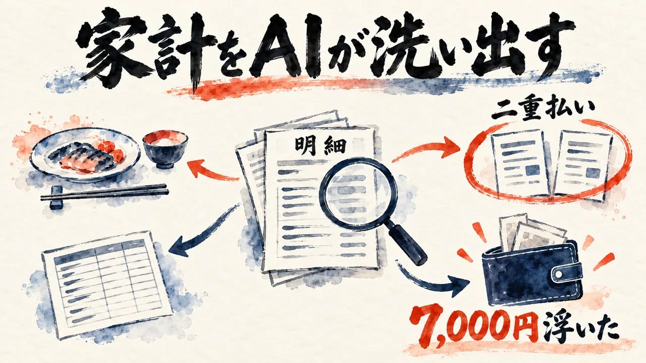 家計をAIが洗い出す：カード明細から二重払いを見つけて7,000円が浮いた流れの図解