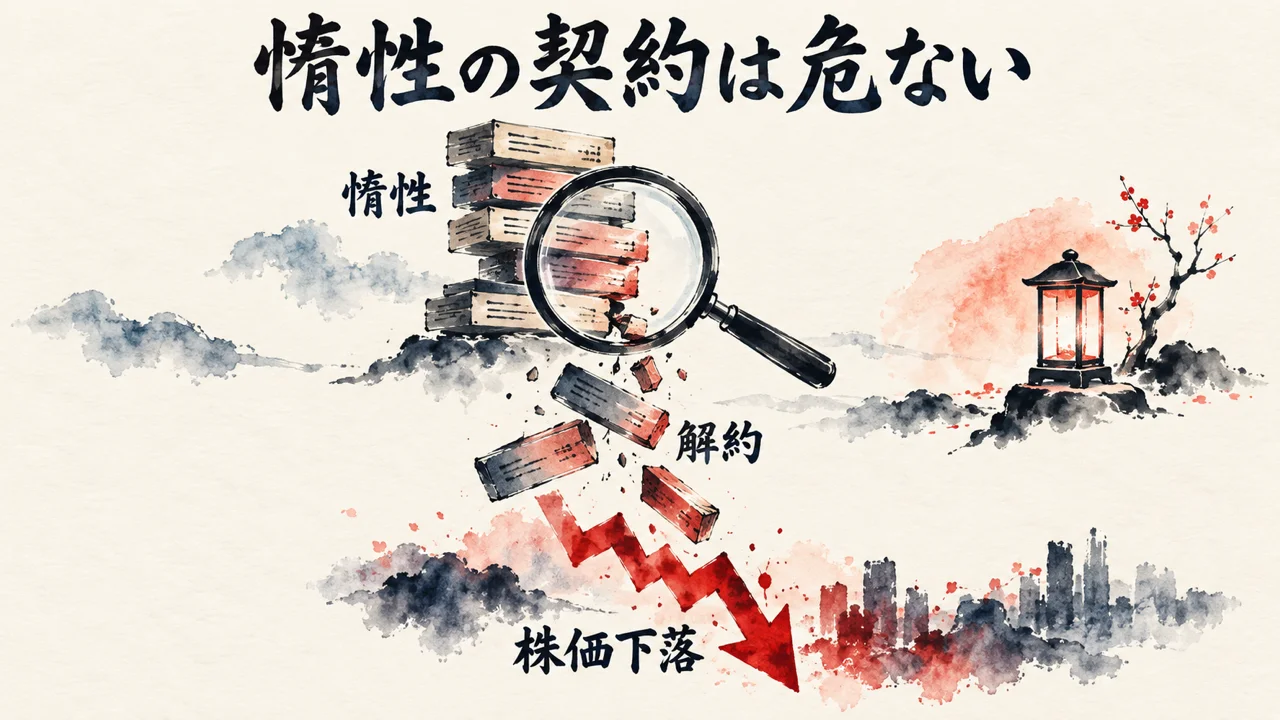 惰性の契約は危ない：惰性の契約が解約され、株価下落につながる流れの図解