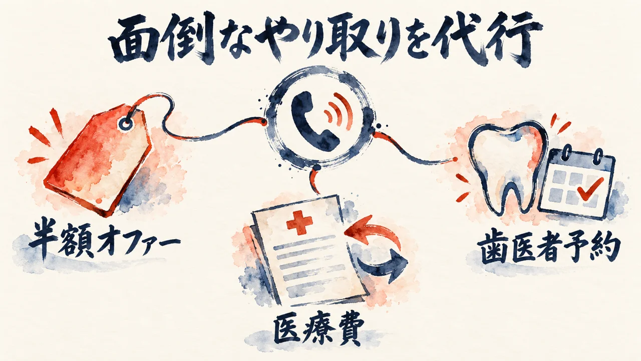面倒なやり取りを代行：半額オファー、医療費、歯医者予約をAIが代行する図解