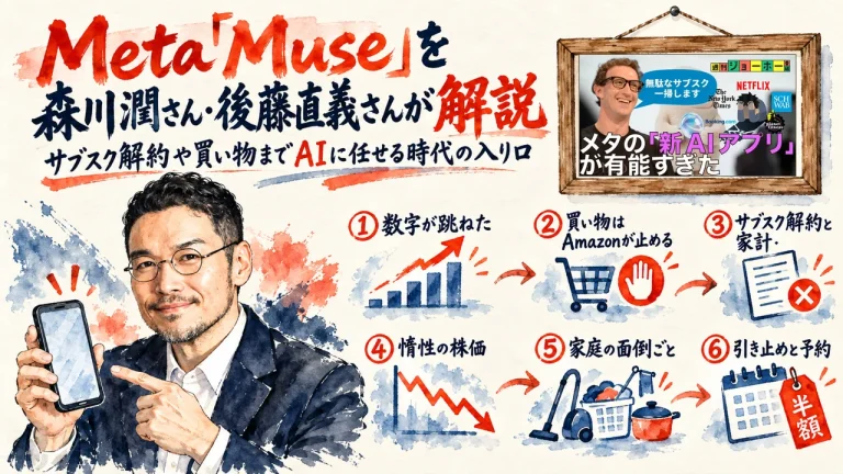 Meta「Muse」を森川潤さん・後藤直義さんが解説。ひろくんがスマホを持ち、買い物・サブスク解約・家庭の面倒ごとまで6つの流れを示した全体図。壁に動画のサムネイル
