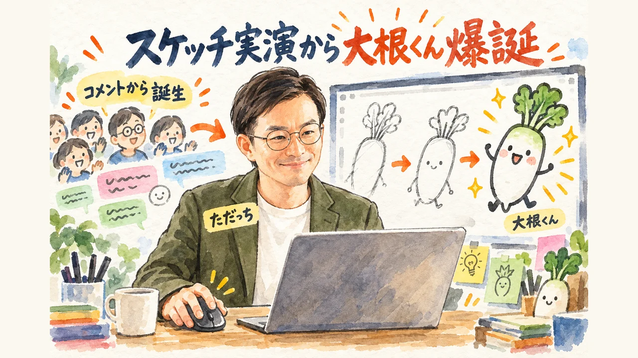 ただっちのスケッチ実演、視聴者コメントから「大根くん」爆誕 グラレコ