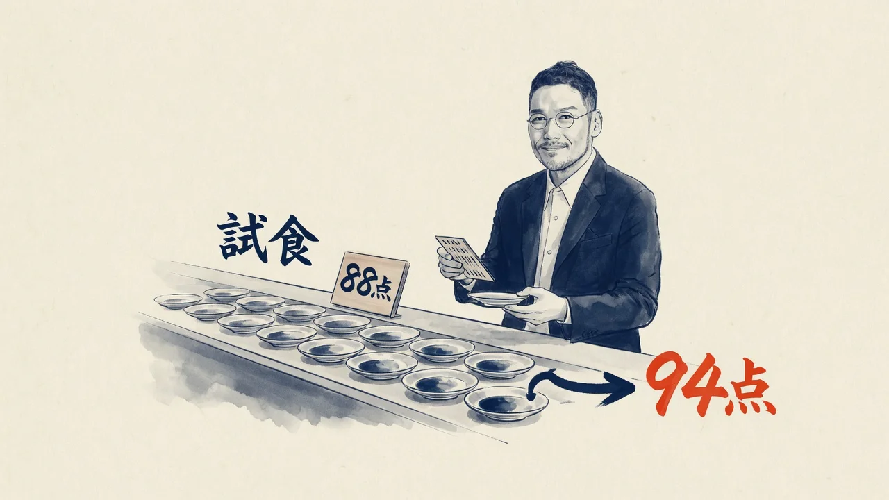ひろくんが試食台の前で88点の皿を見て、94点へ直す厨房のコラム挿絵