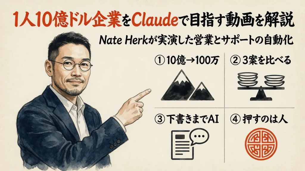 ひろくんが1人10億ドル企業を100万ドルに縮め、Claudeに任せる範囲と人が押す範囲を分ける流れを示すアイキャッチ