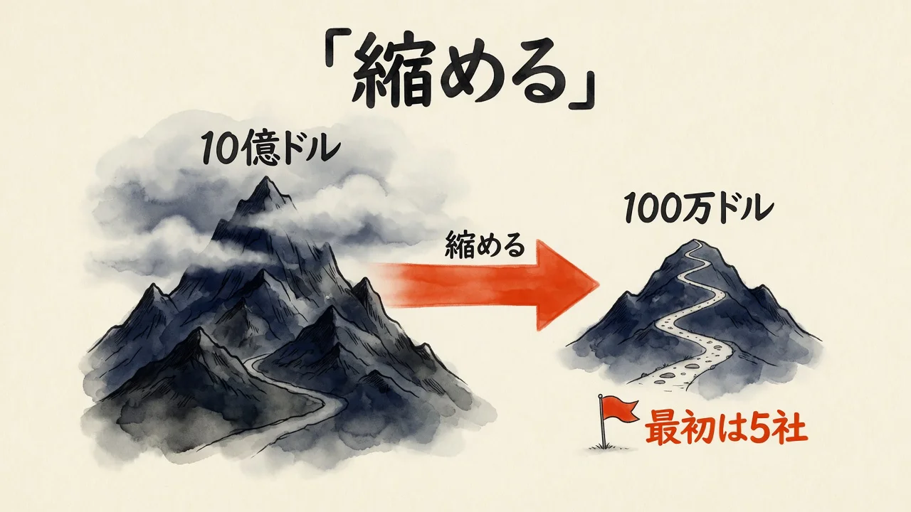 10億ドルの大きな山を100万ドルの小さな山へ縮める図解