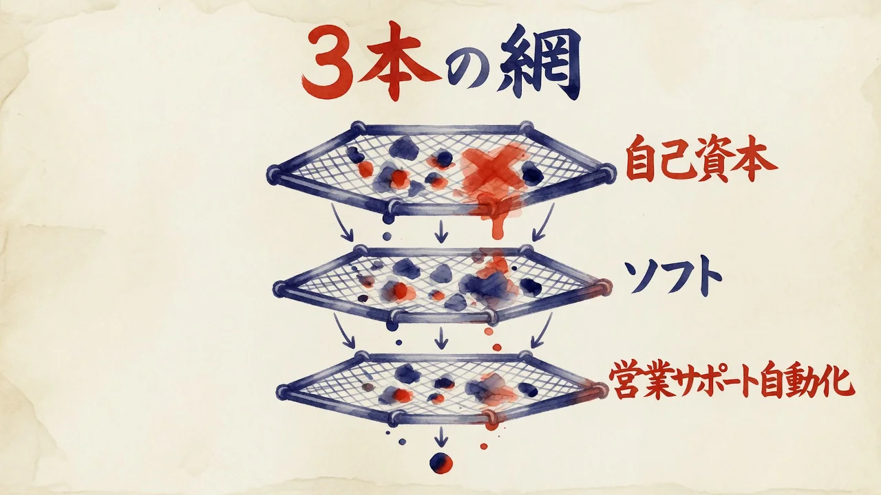 3本の網で1人事業に向く形だけを残す図解
