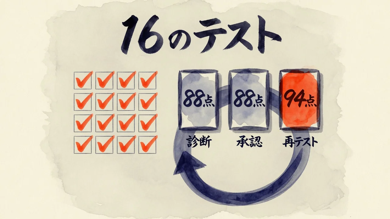 16個のテストで88点、88点、94点と点数を上げる診断と再テストの流れ