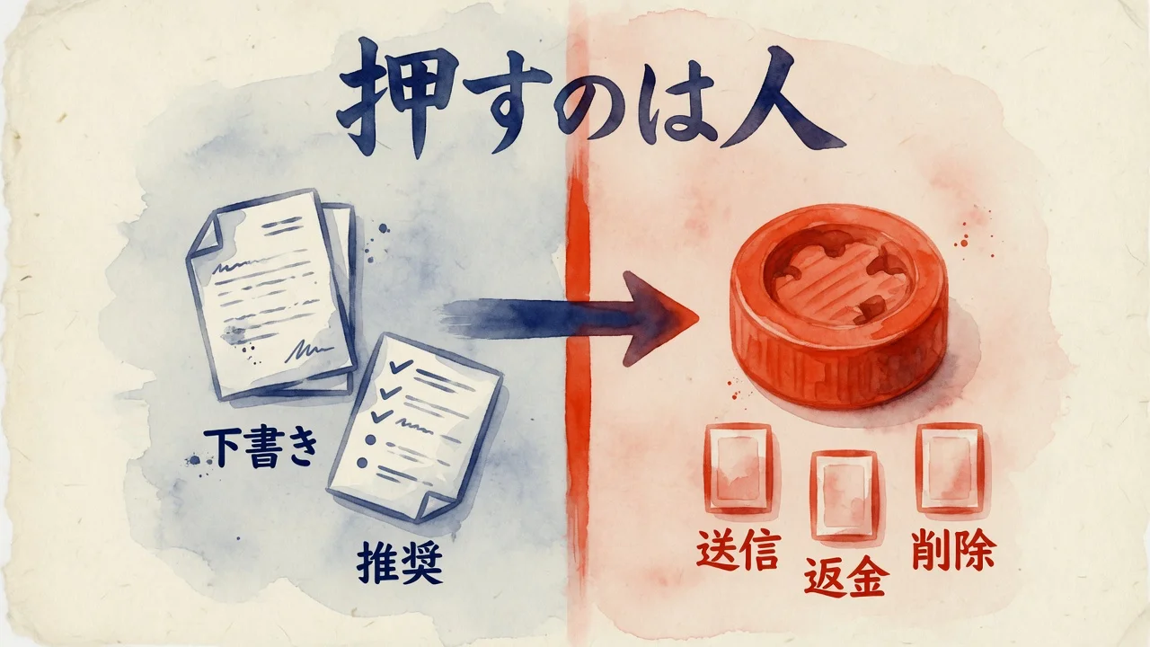 下書きと推奨はAI、送信・返金・削除は人が押すという左右の線引き図解
