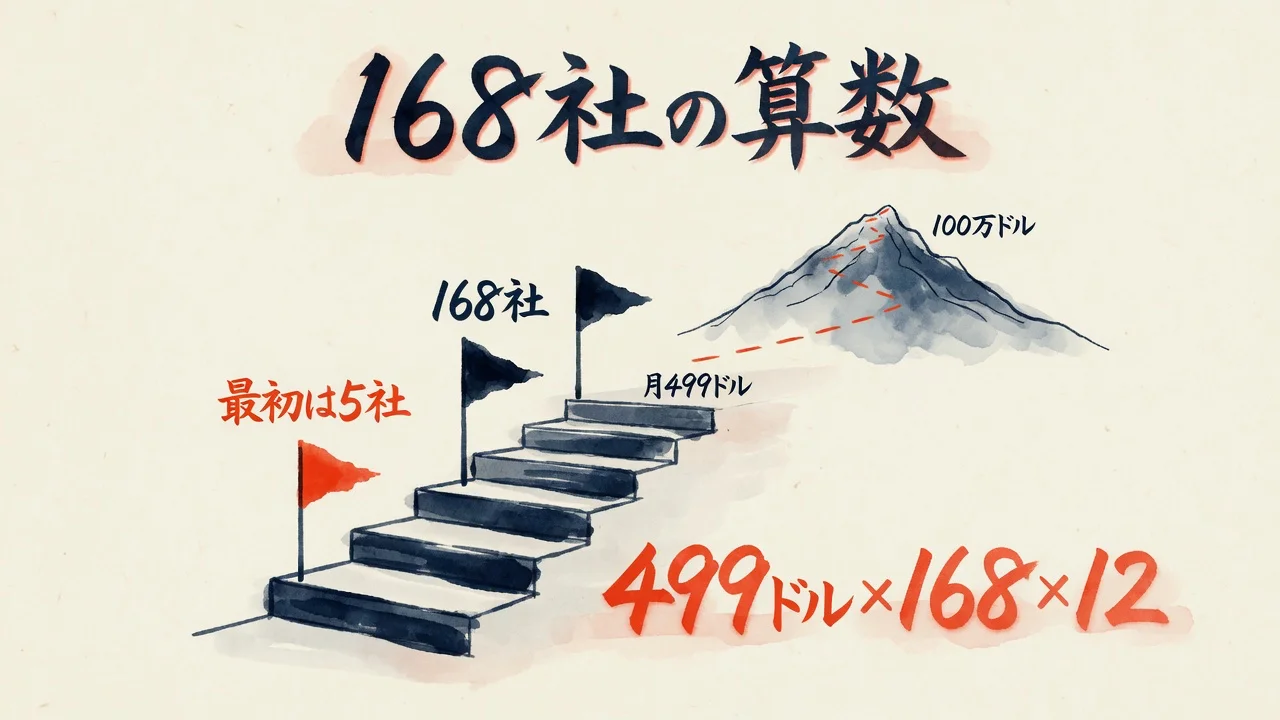最初は5社から168社へ、月499ドル×168×12で100万ドルに届く階段の図解