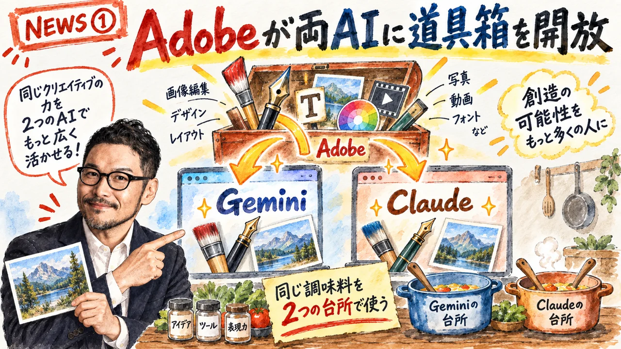 Adobeの道具箱がGeminiとClaudeの両方に開いたイメージ図解