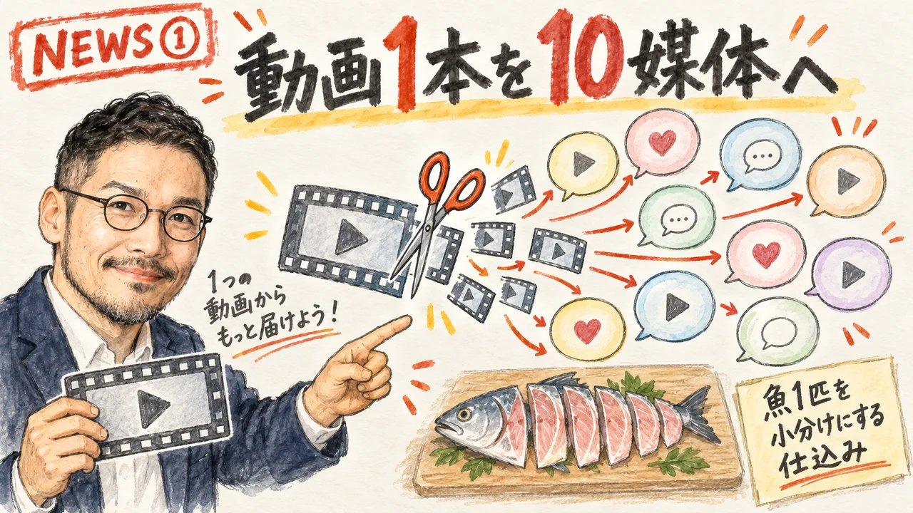 SNS ENGINEで動画1本を10媒体へ一括投稿するイメージ