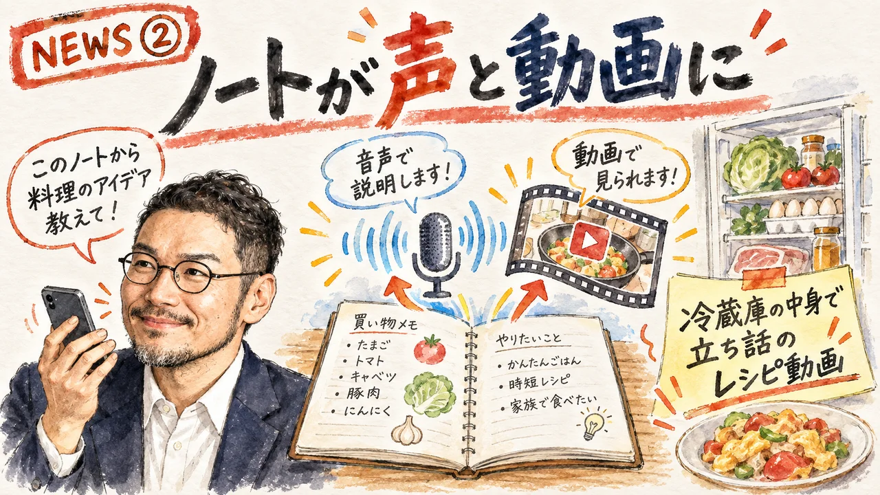 Gemini Notebookのノートが声と60秒動画になるイメージ