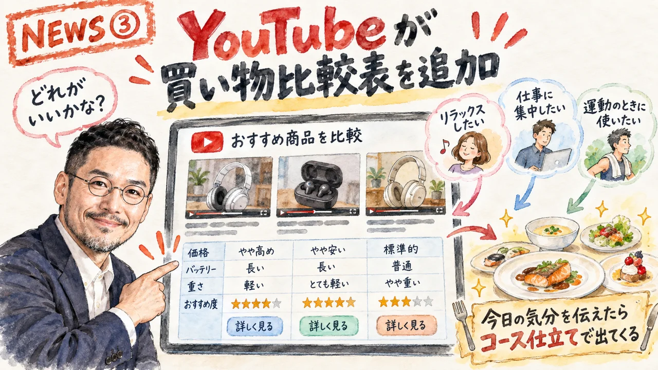 YouTubeのAsk YouTube買い物比較表とCustom Feedsのイメージ図解