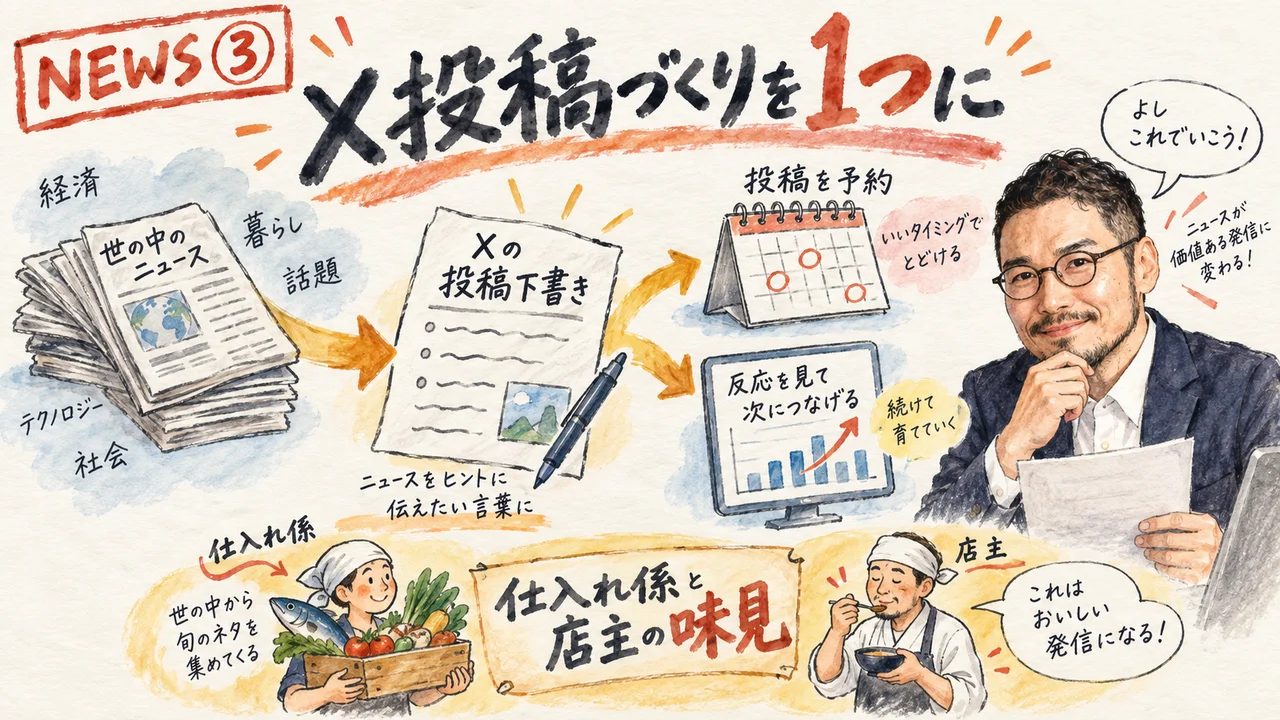 Exos AIでX投稿づくりから分析までを1つにするイメージ