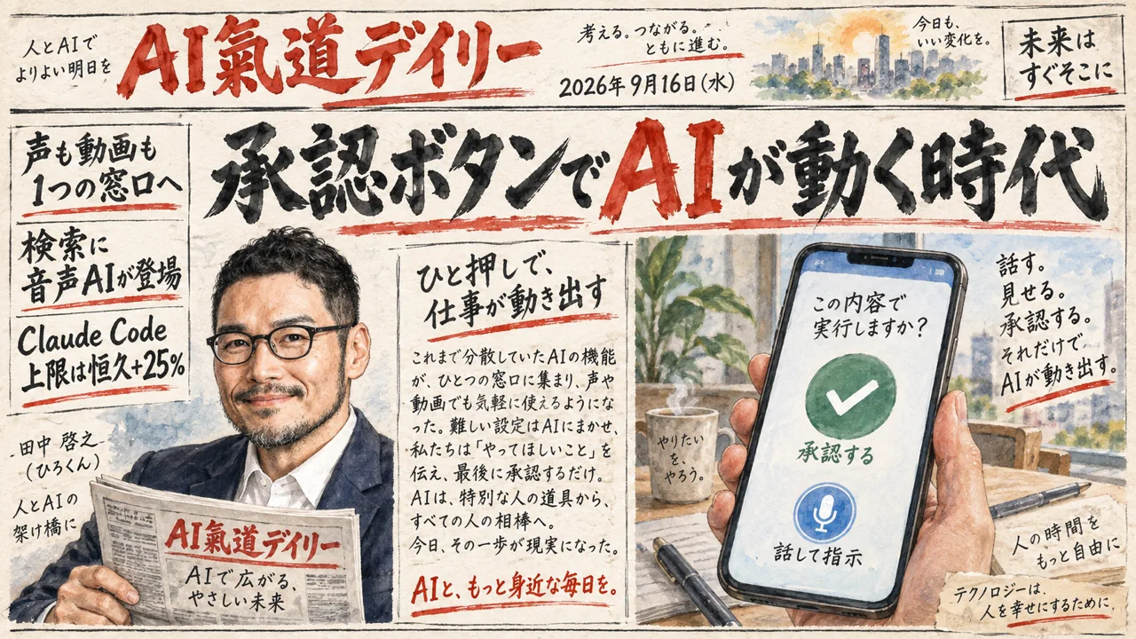 承認ボタンで動くAIと1つの窓口で作る声や動画を並べたニュース号の図解