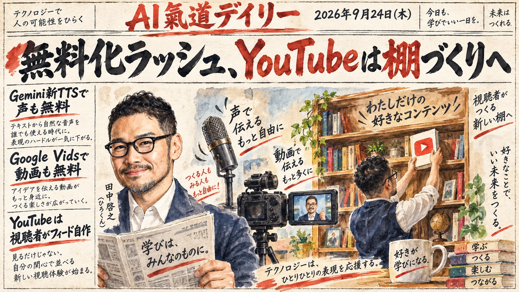 Google Vidsとgemini TTS無料化、YouTube Custom Feedsのニュース