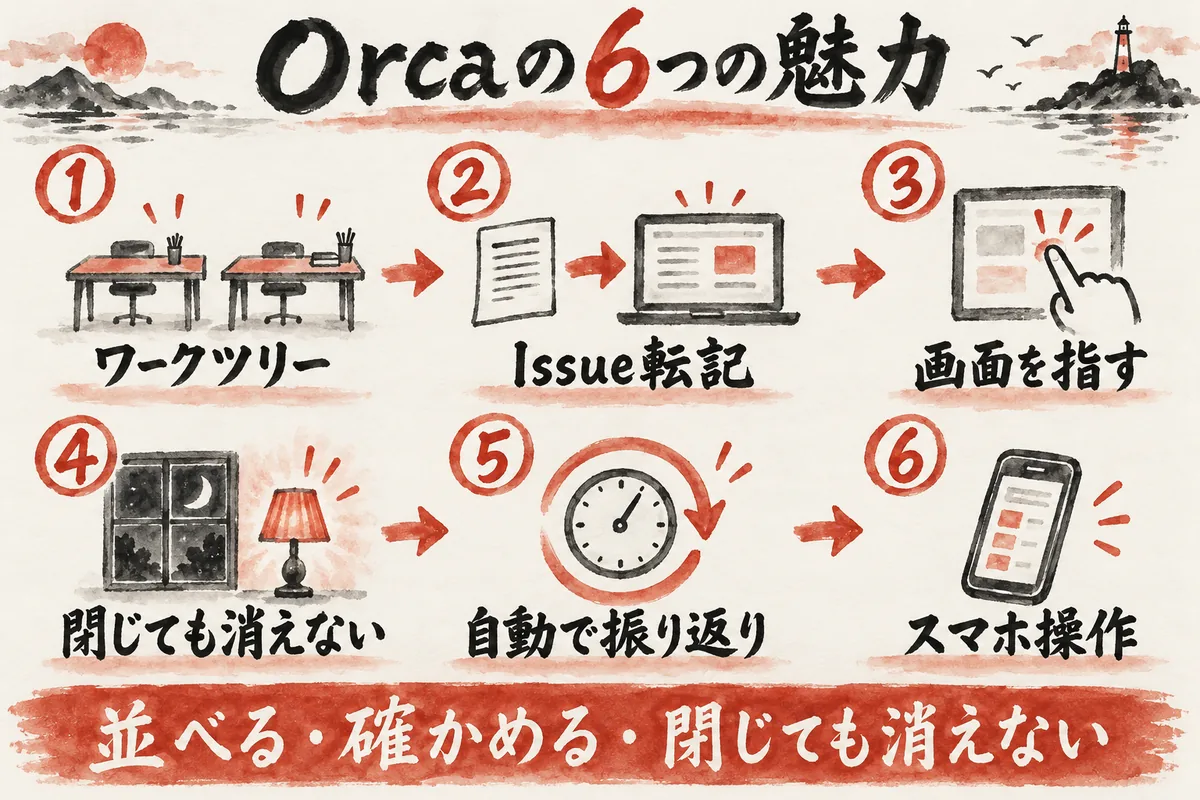 Orcaの6つの魅力の全体図。ワークツリー、Issue転記、画面を指す、閉じても消えない、自動で振り返り、スマホ操作