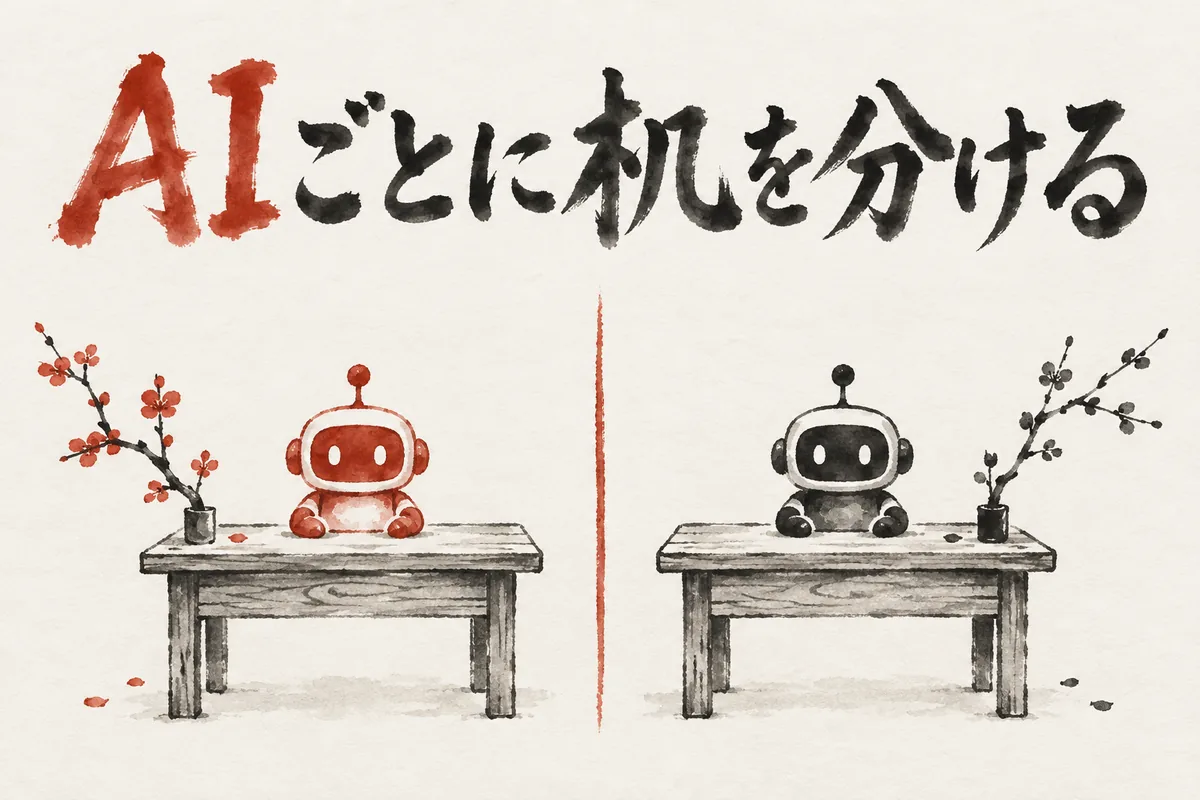 AIごとに机を分けるイメージ。赤いロボットと黒いロボットが別々の机に座っている