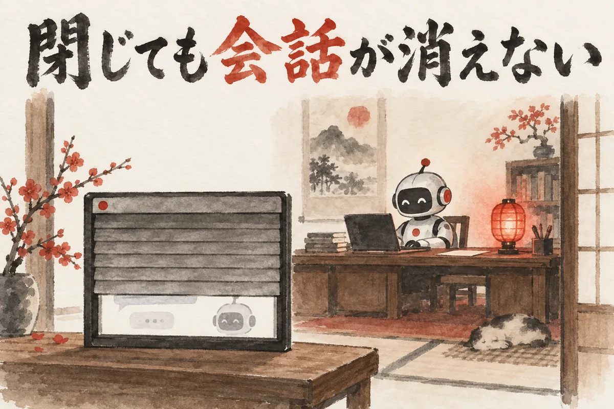 ウィンドウを閉じても、奥の机でAIが作業を続けているイメージ