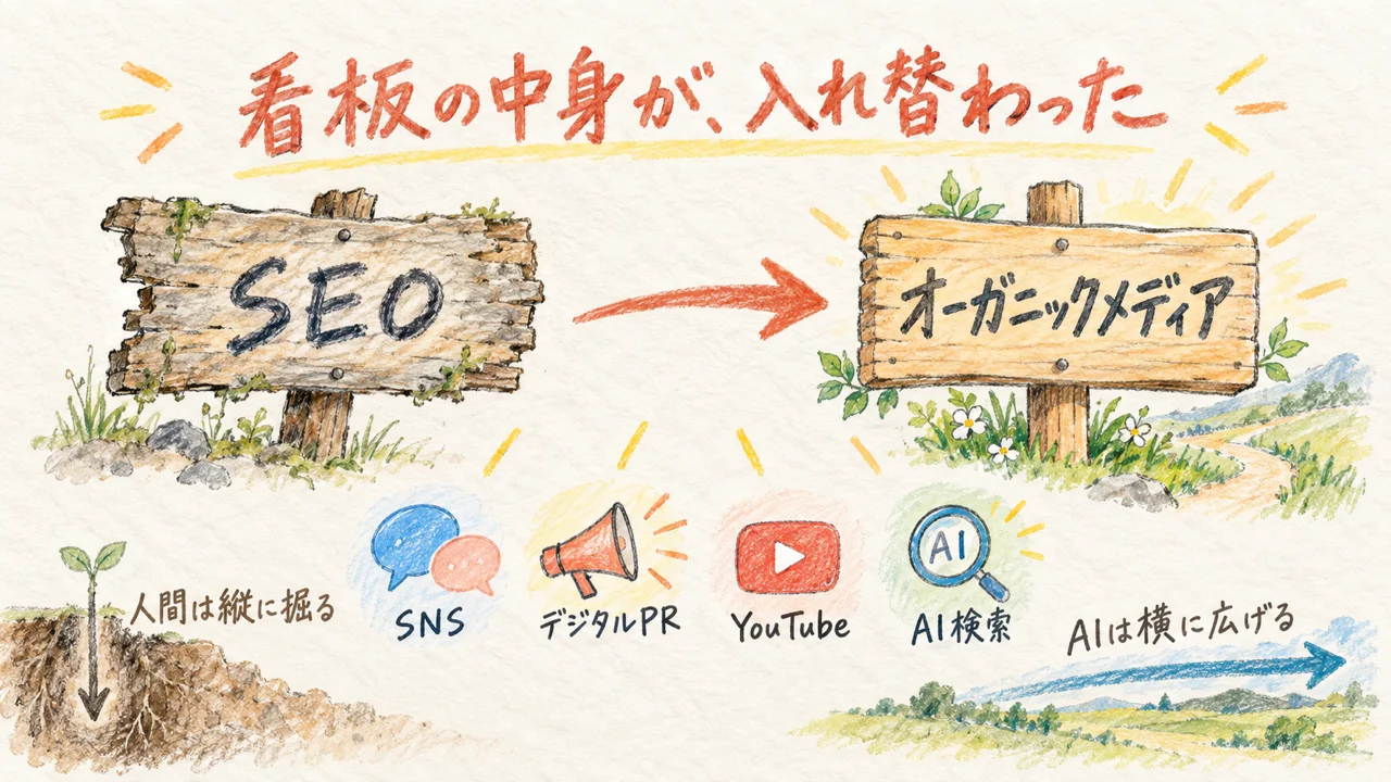 SEOの看板がオーガニックメディアへ入れ替わる図解