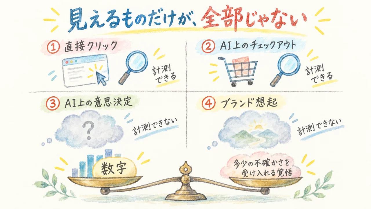 AI検索の成果のうち計測できる領域とできない領域の図解