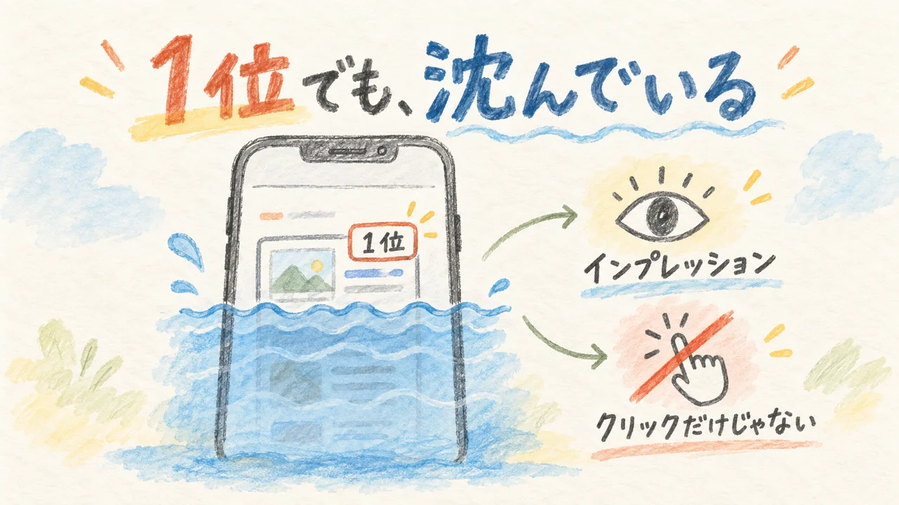 検索1位でもスマホ画面外に沈む様子の図解