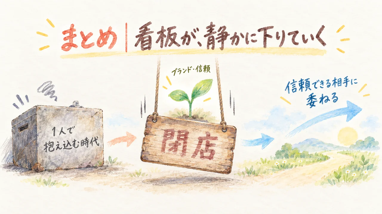 看板が静かに下りていく様子のまとめ図解