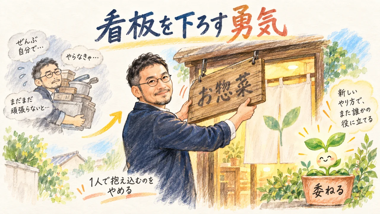 看板を下ろす勇気というひろくんコラムのイラスト