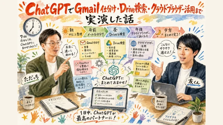 ChatGPTでGmail仕分け・Drive検索・クラウドブラウザー活用まで実演した話の全体図解