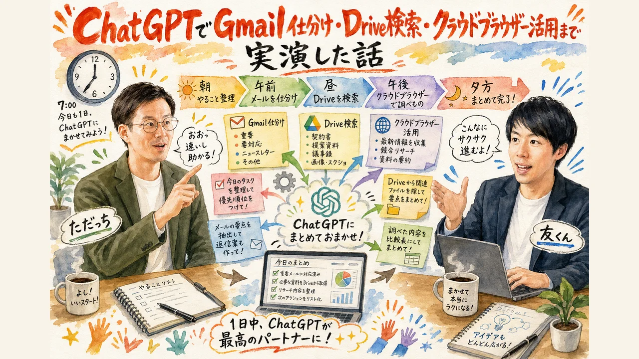 ChatGPTでGmail仕分けとDrive検索を実演した朝LIVEの図解