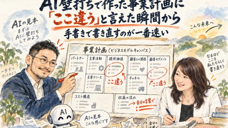 AI壁打ちで事業計画のフレームワークを埋め、違和感を手がかりに手書きで書き直す（ひろくん・公ちゃん）