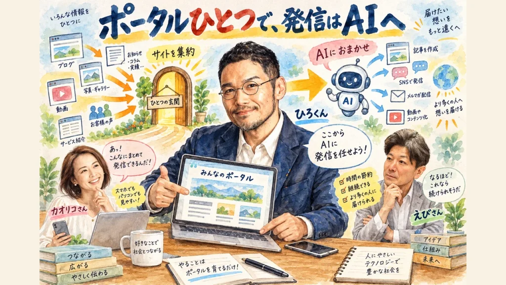ポータルサイトを1個作れば、SNSやブログの発信をAIに任せられる 全体図解（ひろくん・カオリコさん・えびさん）