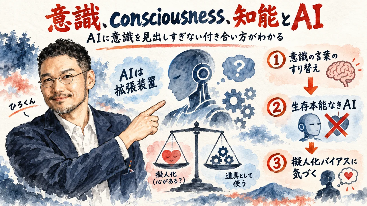 AIに意識を見出しすぎない付き合い方を示す山形浩生さん解説の図解