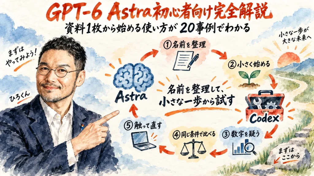 GPT-6 Astra初心者向け完全解説のアイキャッチ。ひろくんが名前を整理して小さな一歩から試す流れを指し示している