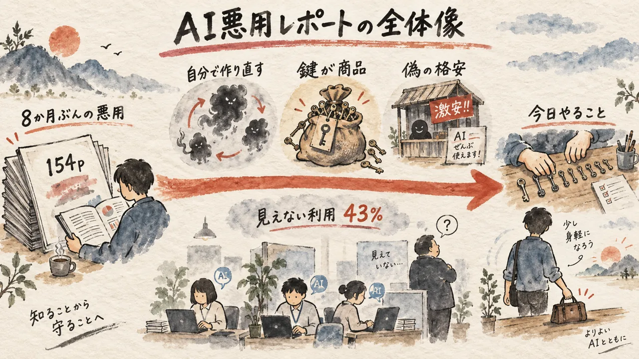 Anthropic脅威レポートの全体像を左から右へたどる水彩の地図。報告書から鍵の流出、社内の見えない利用、鍵の棚卸しまで