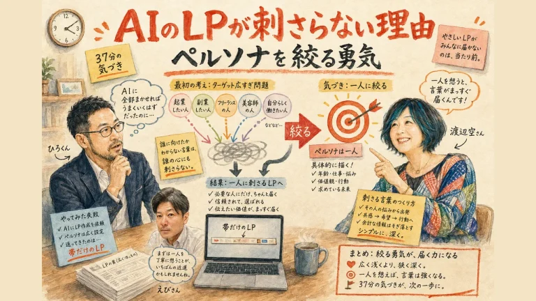AIのLPが刺さらない理由｜ペルソナを絞る勇気（まっちんぐー朝LIVE 2026年9月4日 ひろくん・渡辺空さん・えびさん）のグラフィックレコーディング