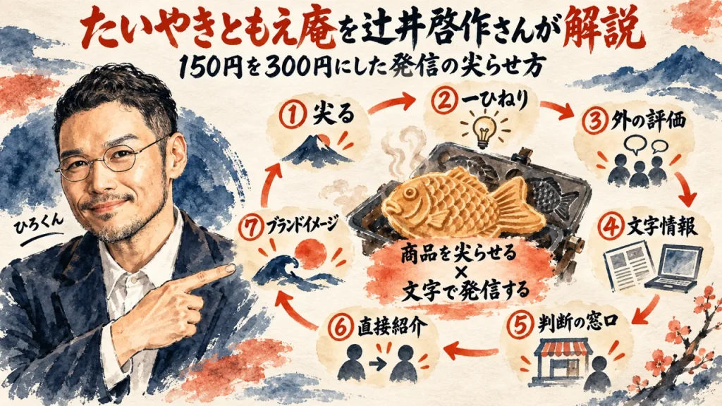 「たいやき ともえ庵」を辻井啓作さんが解説。150円を300円にした発信の尖らせ方 全体図