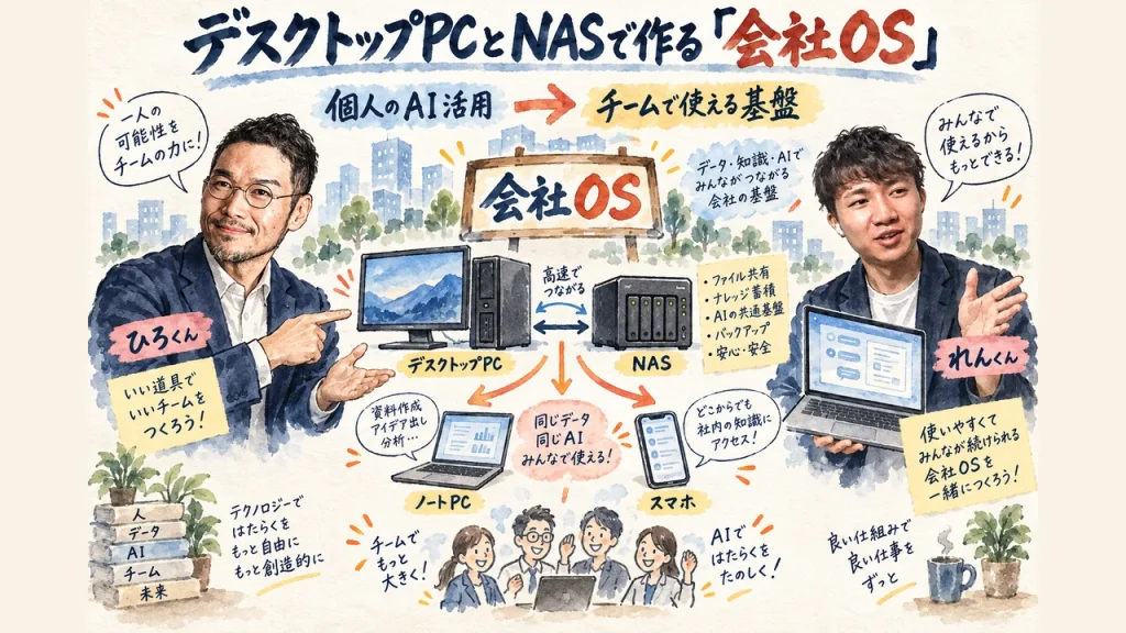 会社OSの全体像（デスクトップPCとNASでひろくんとれんくんがチームを繋ぐグラレコ）