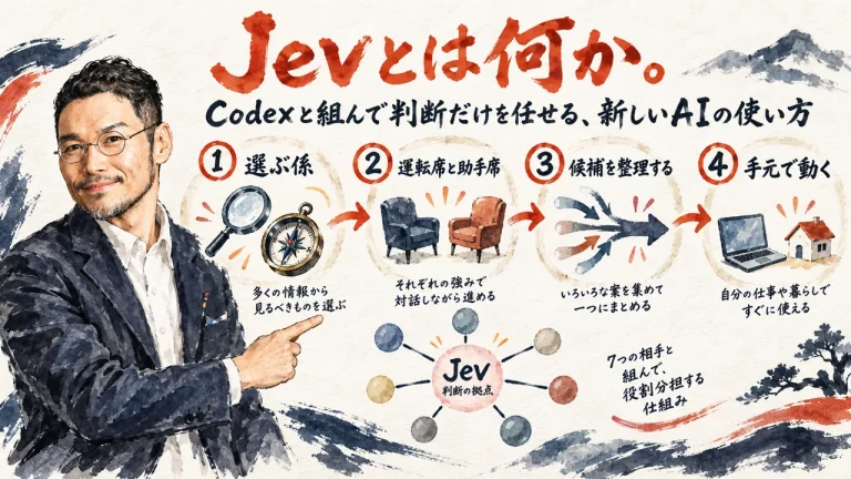 Jevが判断だけに徹し、選ぶ係・運転席と助手席・候補整理・手元で動くの4段階で7つの相手と役割分担する仕組みを俯瞰する図解