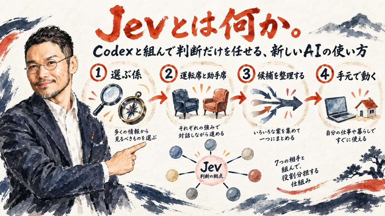 Jevが判断だけに徹し、選ぶ係・運転席と助手席・候補整理・手元で動くの4段階で7つの相手と役割分担する仕組みを俯瞰する図解