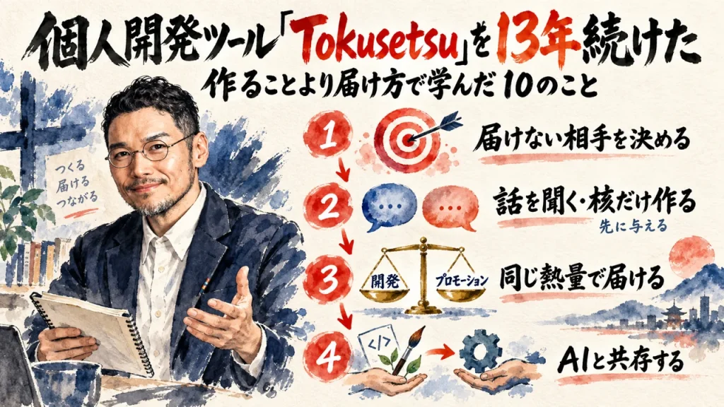 個人開発ツールTokusetsuを13年続けた佐野章核さんの記事 全体図