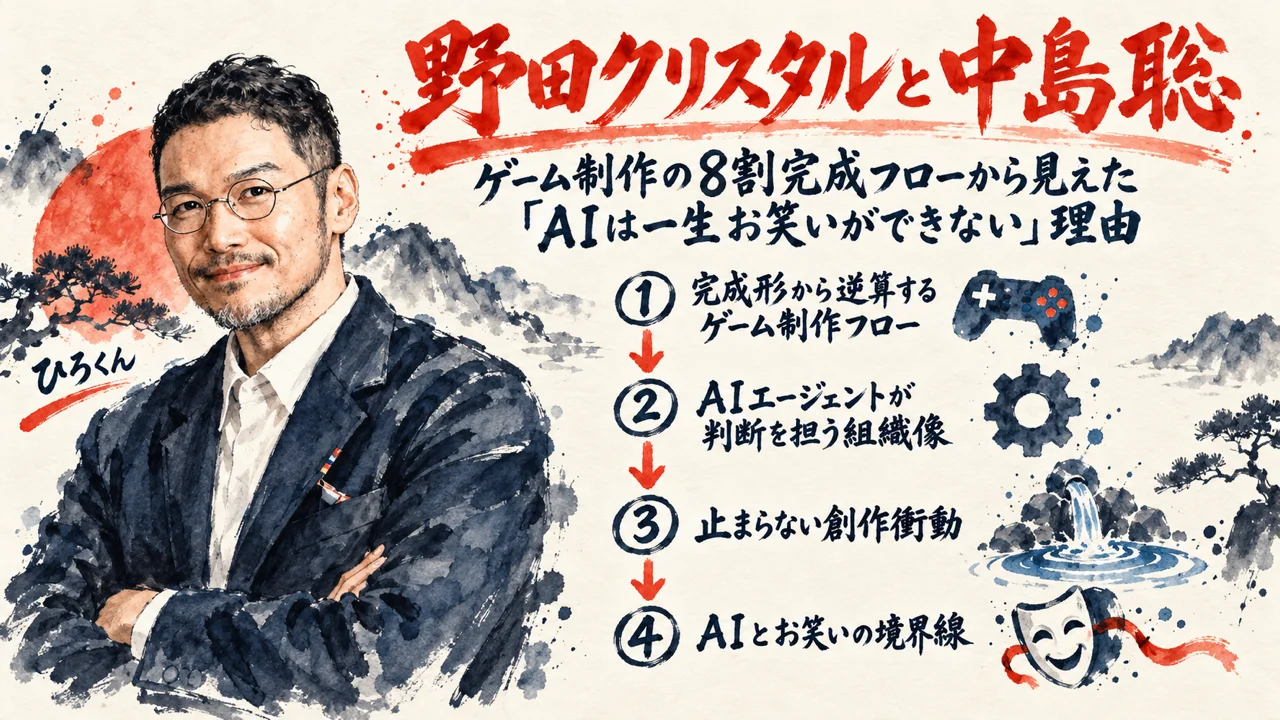 野田クリスタルと中島聡、ゲーム制作の8割完成フローから見えた「AIは一生お笑いができない」理由の全体図解