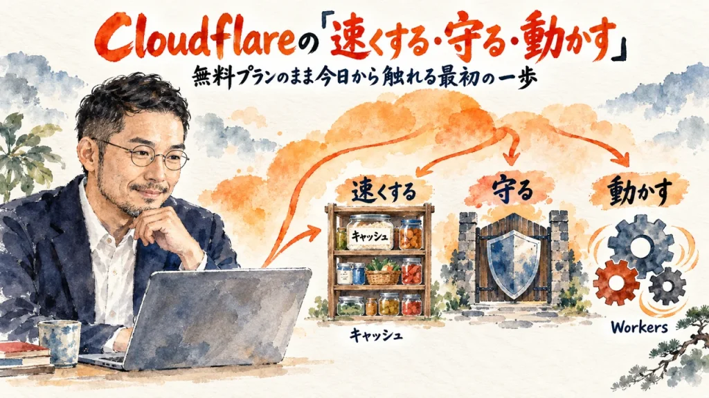 Cloudflareの速くする・守る・動かすの3つの仕事を、ひろくんが管理画面の前で見つめる全体図