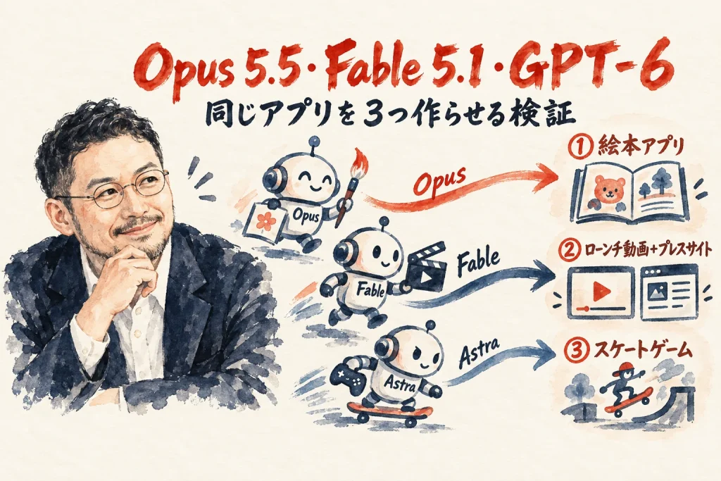 Opus 5.5・Fable 5.1・GPT-6の同じアプリを3つ作らせる検証の全体図解