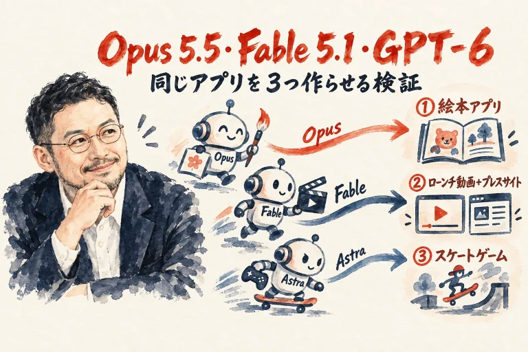 Opus 5.5・Fable 5.1・GPT-6の同じアプリを3つ作らせる検証の全体図解
