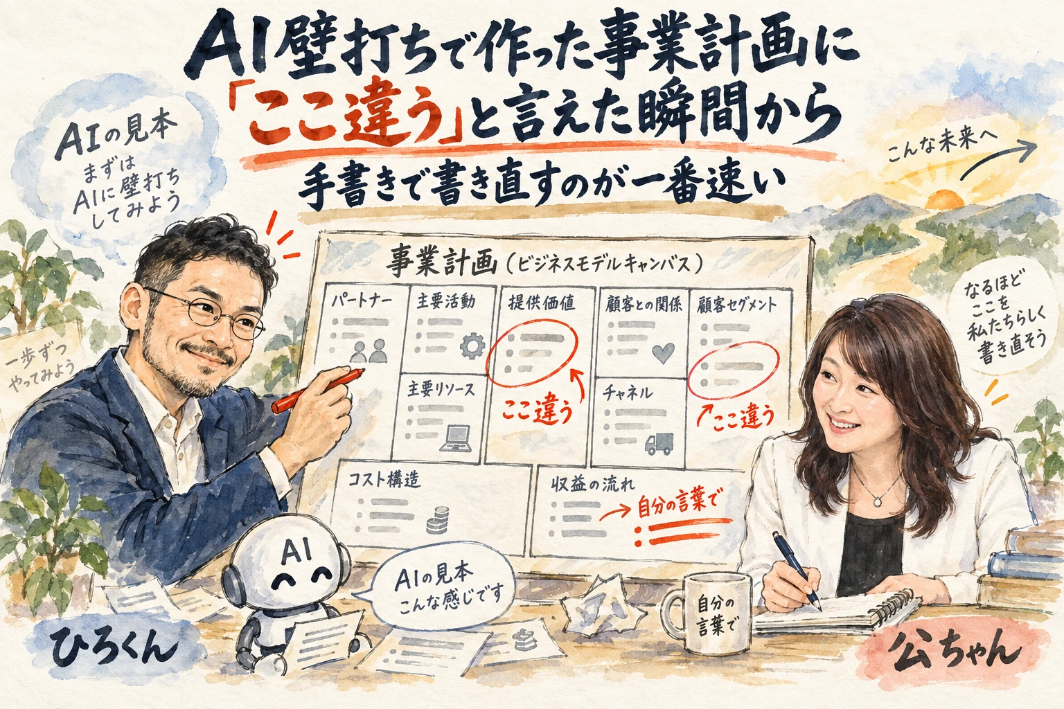 AI壁打ちで事業計画のフレームワークを埋め、違和感を手がかりに手書きで書き直すことを表したグラレコ全体図