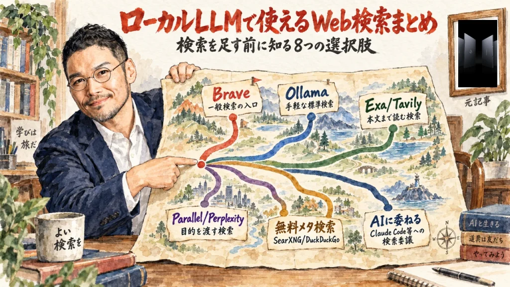 「ローカルLLMで使えるWeb検索まとめ」全体図解