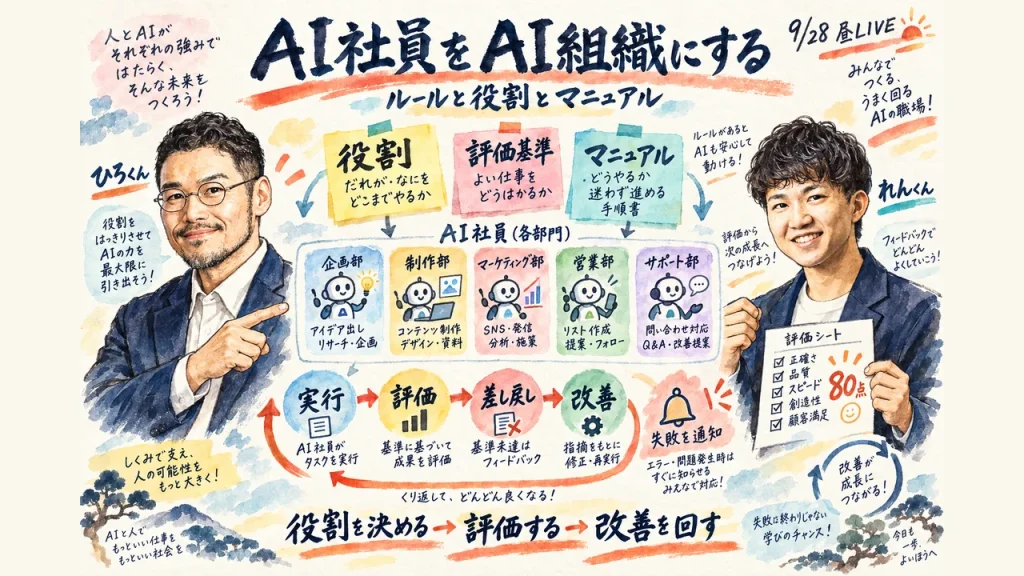 AI社員をAI組織にするための、ルールと役割と評価基準と失敗通知を描いたグラレコ全体図
